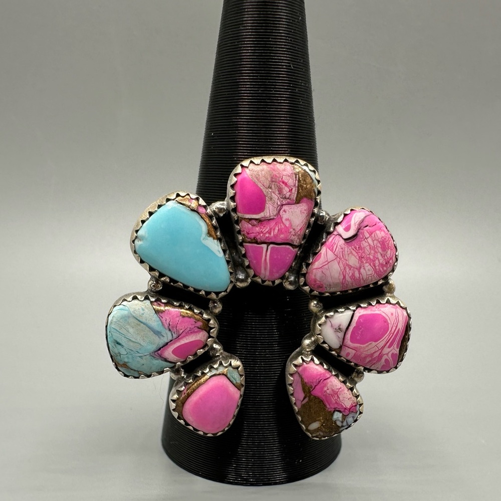 Cotton Candy Dahlia Turquoise Sterling Silver 925 Naja Adjustable Ring Handmade - Picture 3 of 9